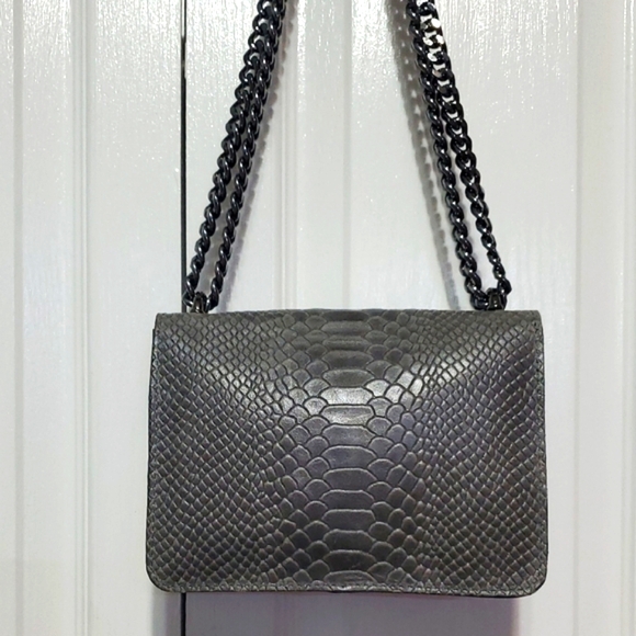 🇮🇹Borse In Pelle Gray Genuine Leather Snake-Embossed Shoulder/Crossbody Bag - Picture 2 of 16